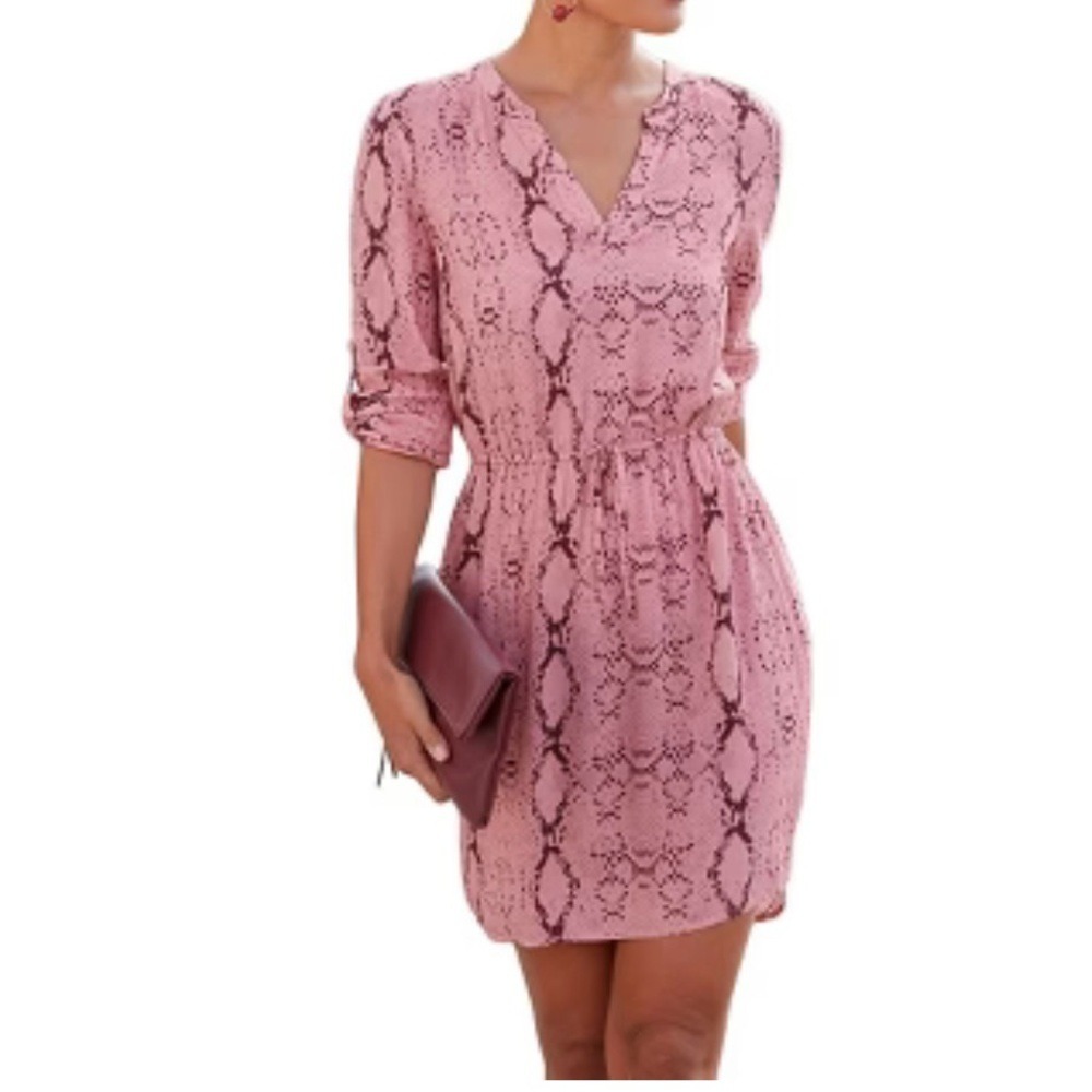 Lascana Shirt Dress Women 12 Pink Good Snakeskin Animal Print V-Neck Roll-Tab